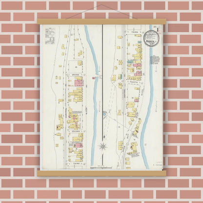 Old map wall art mockup — magnetic wood frame on brick wall — Sanborn Fire Insurance Map from Parkers Landing, Armstrong County, Pennsylvania (1894), Sheet #0001