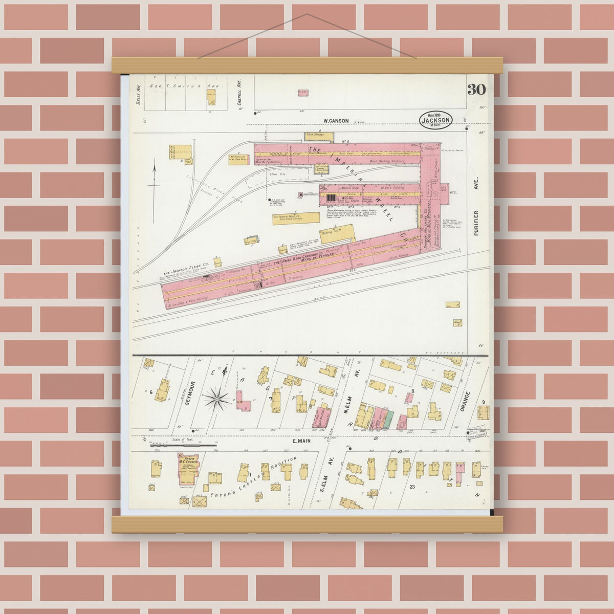 Old map wall art mockup — magnetic wood frame on brick wall — Sanborn Fire Insurance Map from Jackson, Jackson County, Michigan (1899), Sheet #0030