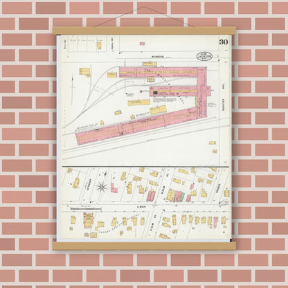 Old map wall art mockup — magnetic wood frame on brick wall — Sanborn Fire Insurance Map from Jackson, Jackson County, Michigan (1899), Sheet #0030