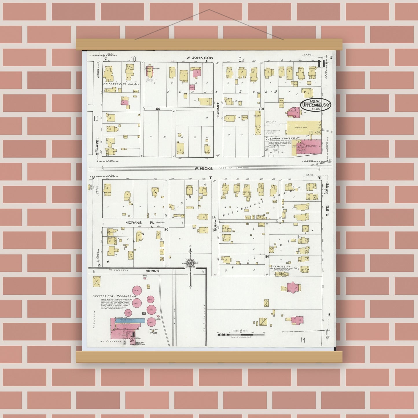Old map wall art mockup — magnetic wood frame on brick wall — Sanborn Fire Insurance Map from Upper Sandusky, Wyandot County, Ohio (1921), Sheet #0011