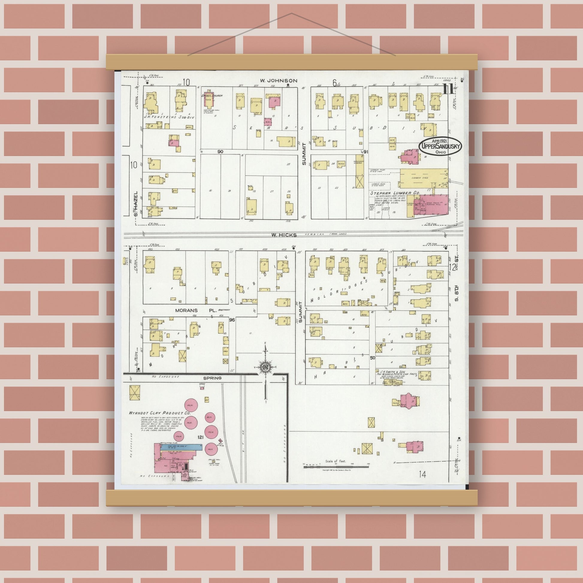 Old map wall art mockup — magnetic wood frame on brick wall — Sanborn Fire Insurance Map from Upper Sandusky, Wyandot County, Ohio (1921), Sheet #0011