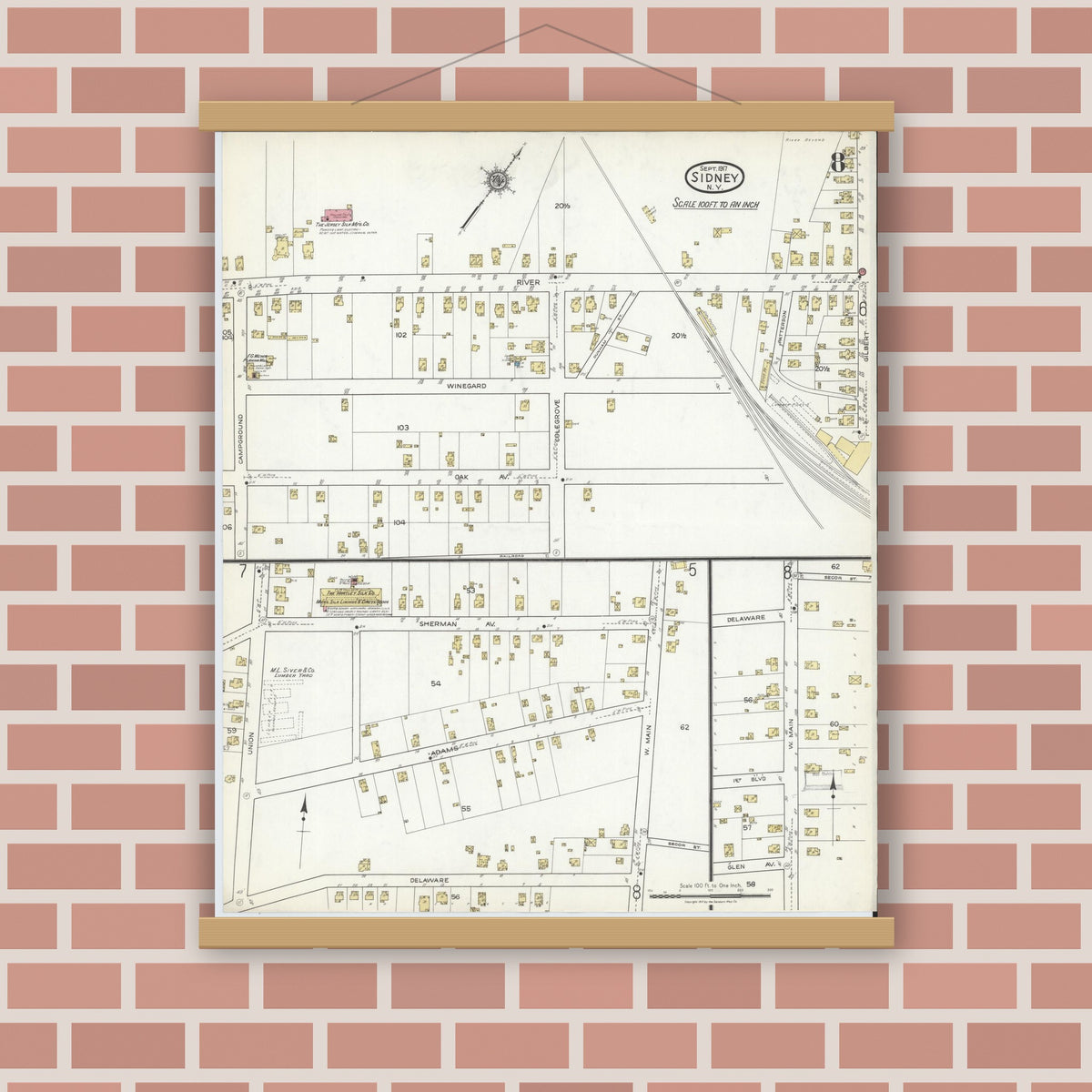 Old map wall art mockup — magnetic wood frame on brick wall — Sanborn Fire Insurance Map from Sidney, Delaware County, New York (1917), Sheet #0008