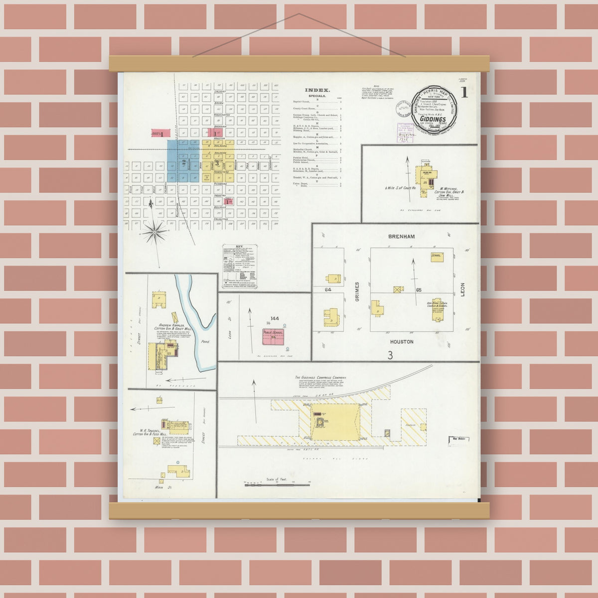 Old map wall art mockup — magnetic wood frame on brick wall — Sanborn Fire Insurance Map from Giddings, Lee County, Texas (1901) - Complete Map Set