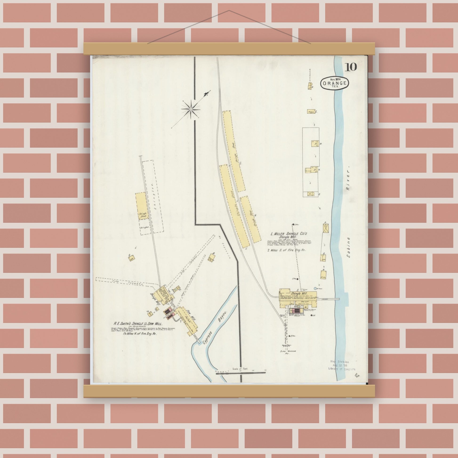 Old map wall art mockup — magnetic wood frame on brick wall — Sanborn Fire Insurance Map from Orange, Orange County, Texas (1896), Sheet #0010
