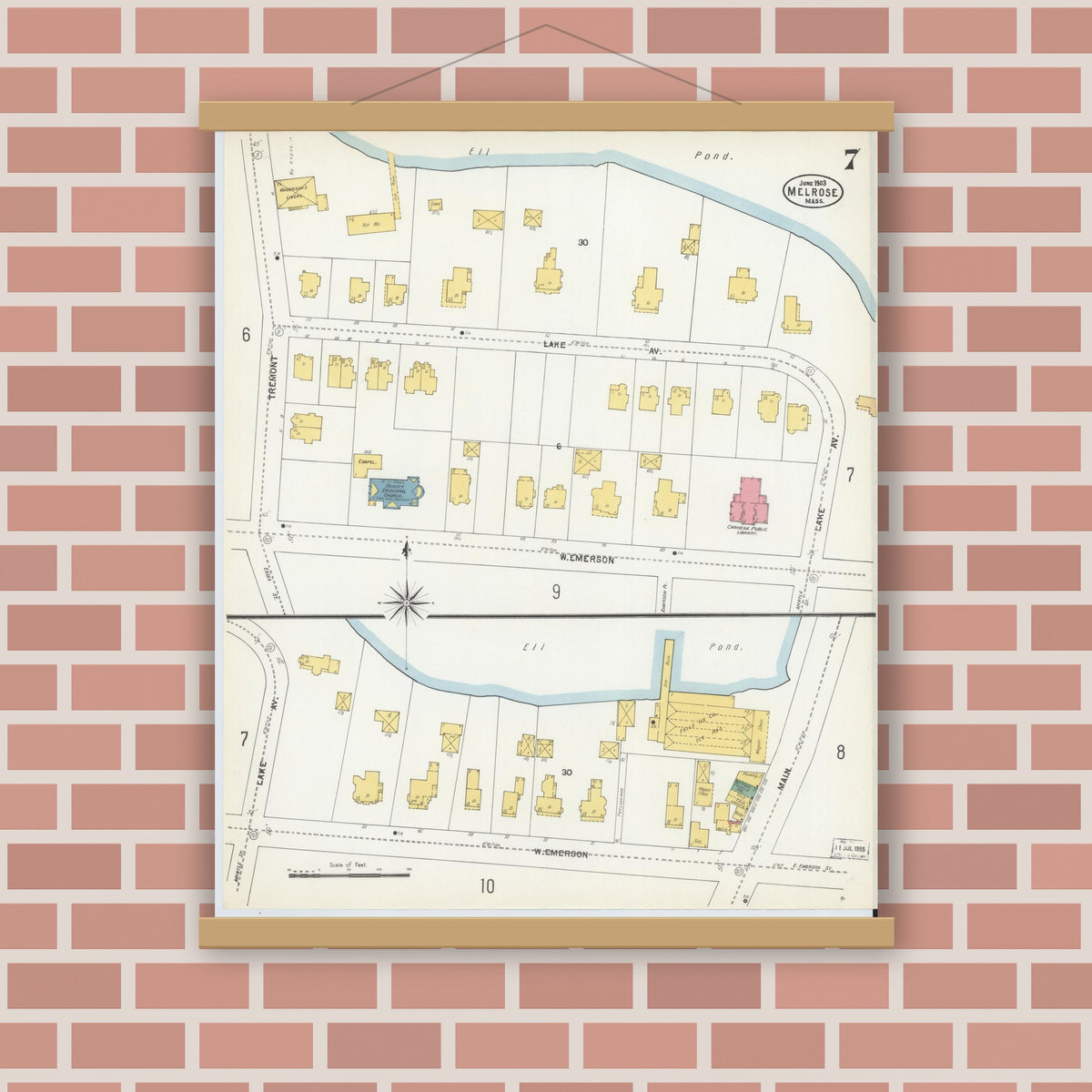Old map wall art mockup — magnetic wood frame on brick wall — Sanborn Fire Insurance Map from Melrose, Middlesex County, Massachusetts (1903), Sheet #0007