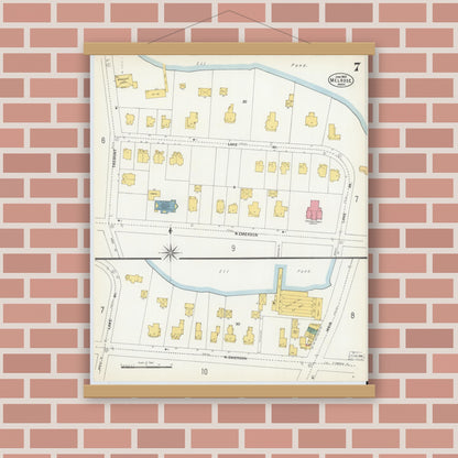 Old map wall art mockup — magnetic wood frame on brick wall — Sanborn Fire Insurance Map from Melrose, Middlesex County, Massachusetts (1903), Sheet #0007