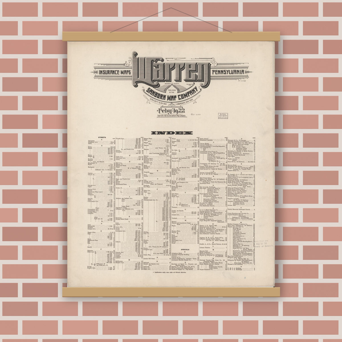 Old map wall art mockup — magnetic wood frame on brick wall — Sanborn Fire Insurance Map from Warren, Warren County, Pennsylvania (1922), Sheet #0001