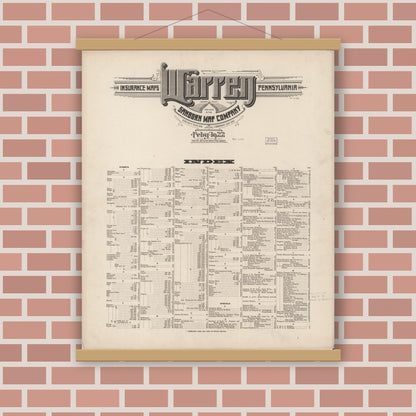 Old map wall art mockup — magnetic wood frame on brick wall — Sanborn Fire Insurance Map from Warren, Warren County, Pennsylvania (1922), Sheet #0001