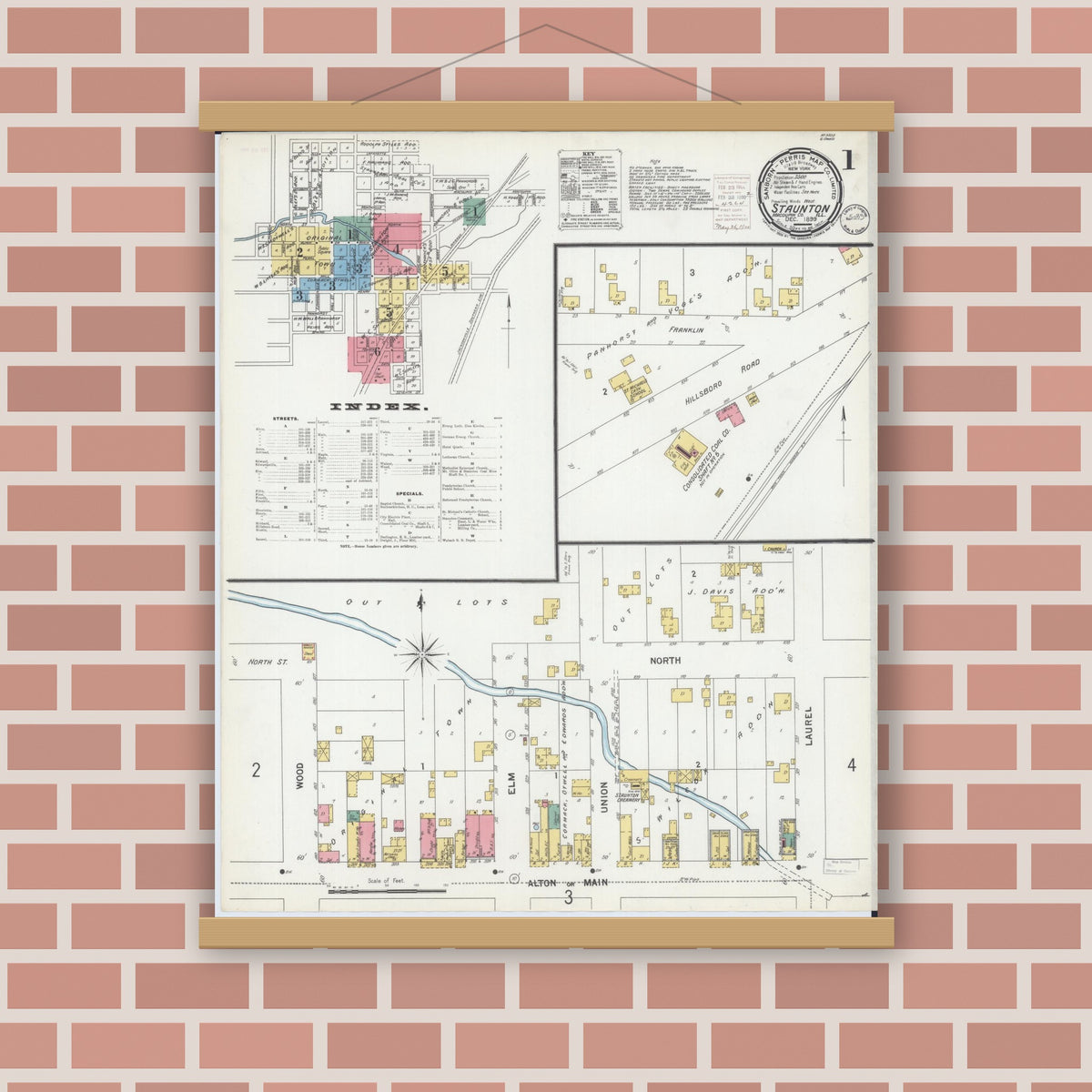 Old map wall art mockup — magnetic wood frame on brick wall — Sanborn Fire Insurance Map from Staunton, Macoupin County, Illinois (1899) - Complete Map Set