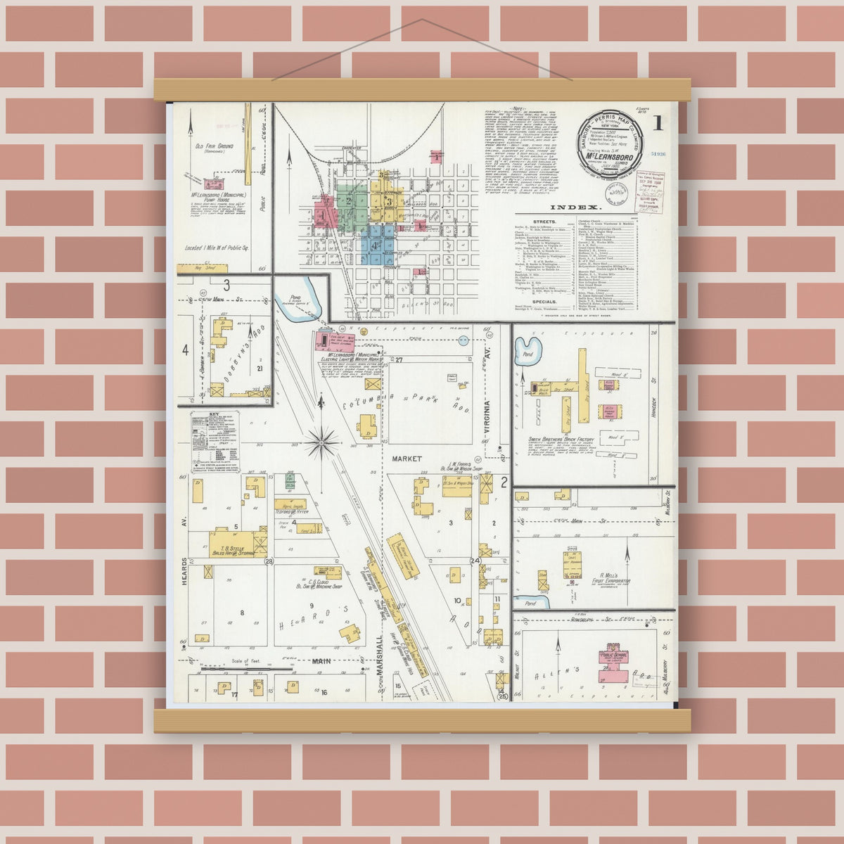 Old map wall art mockup — magnetic wood frame on brick wall — Sanborn Fire Insurance Map from Mcleansboro, Hamilton County, Illinois (1900), Sheet #0001