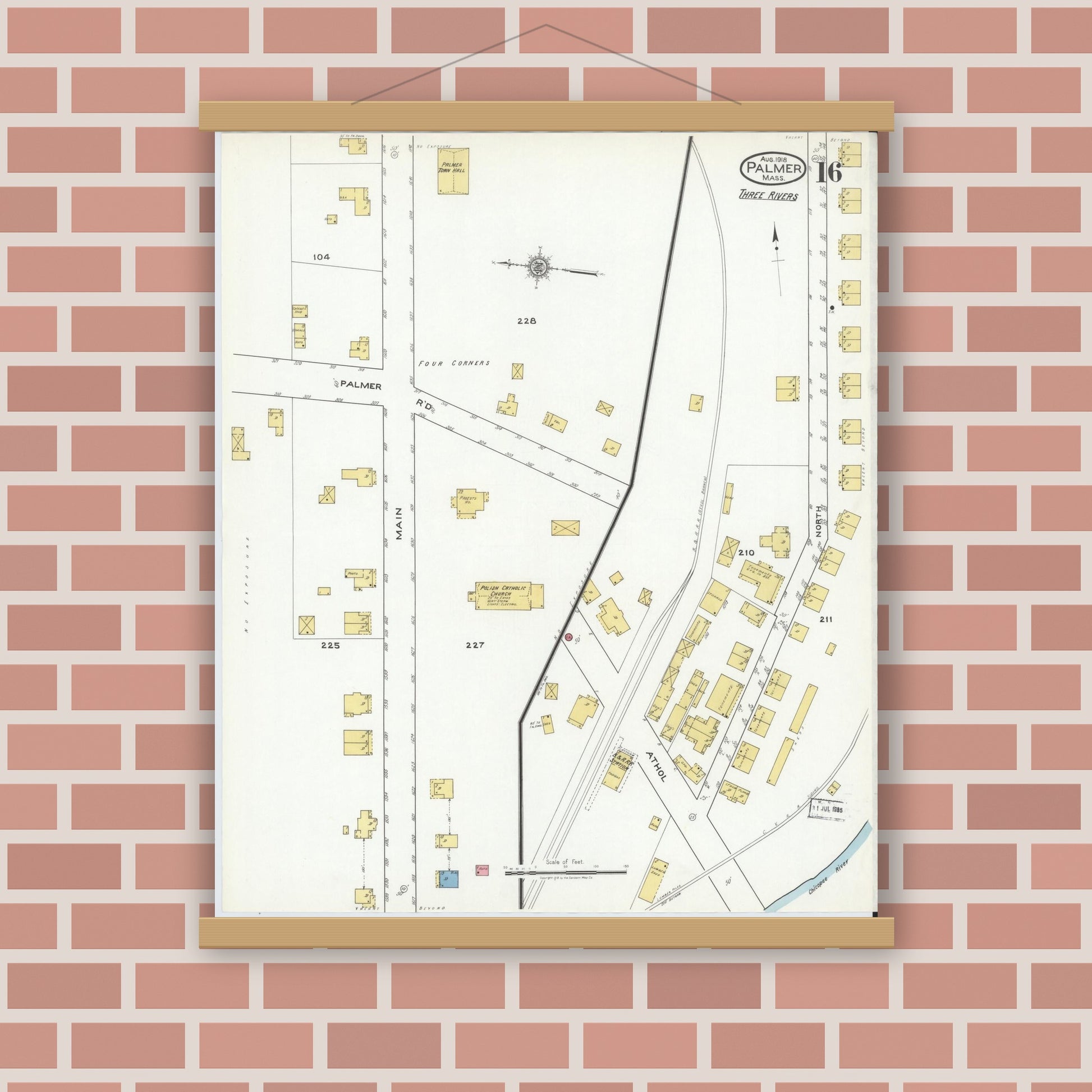 Old map wall art mockup — magnetic wood frame on brick wall — Sanborn Fire Insurance Map from Palmer, Hampden County, Massachusetts (1918), Sheet #0016