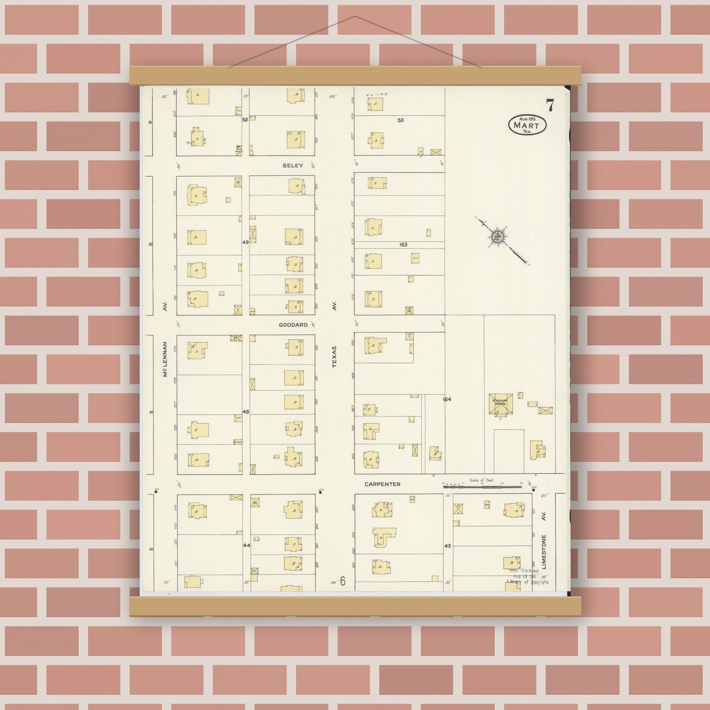 Old map wall art mockup — magnetic wood frame on brick wall — Sanborn Fire Insurance Map from Mart, McLennan County, Texas (1915), Sheet #0007