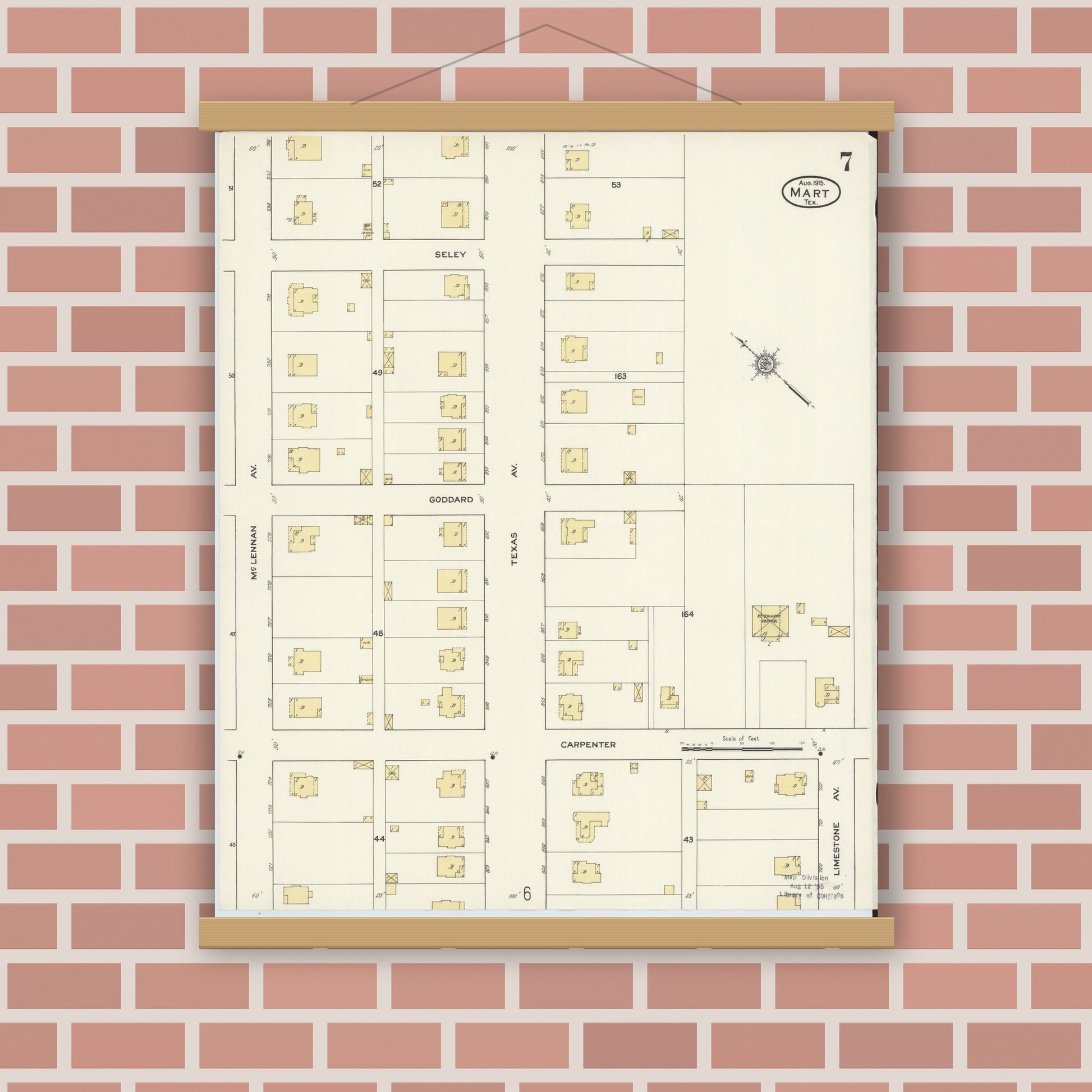 Old map wall art mockup — magnetic wood frame on brick wall — Sanborn Fire Insurance Map from Mart, McLennan County, Texas (1915), Sheet #0007