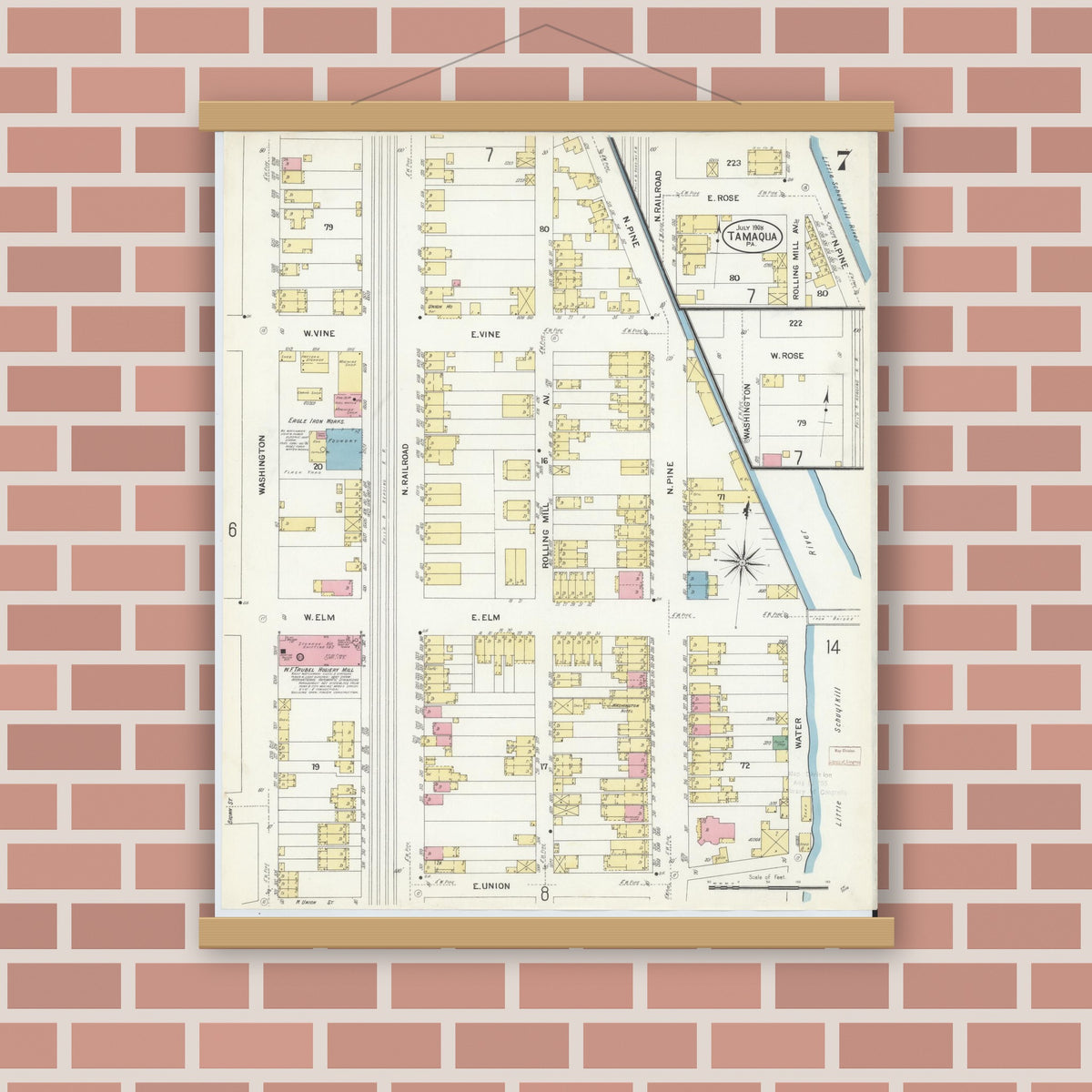 Old map wall art mockup — magnetic wood frame on brick wall — Sanborn Fire Insurance Map from Tamaqua, Schuylkill County, Pennsylvania (1908), Sheet #0007