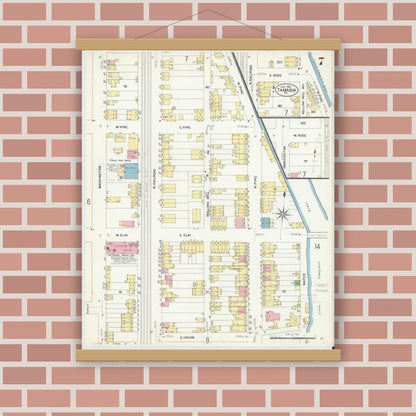 Old map wall art mockup — magnetic wood frame on brick wall — Sanborn Fire Insurance Map from Tamaqua, Schuylkill County, Pennsylvania (1908), Sheet #0007