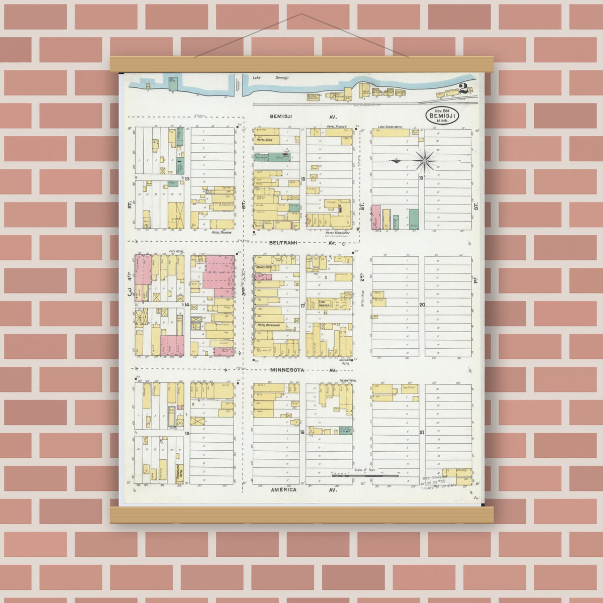 Old map wall art mockup — magnetic wood frame on brick wall — Sanborn Fire Insurance Map from Bemidji, Beltrami County, Minnesota (1904), Sheet #0002