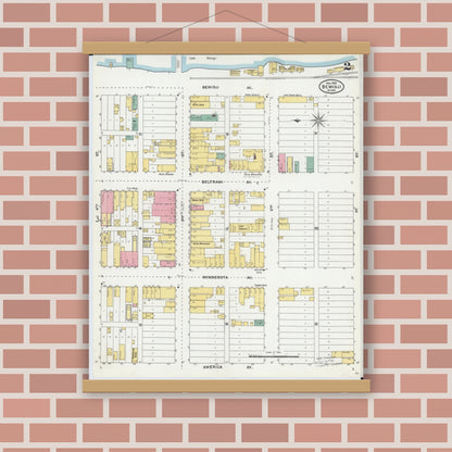 Old map wall art mockup — magnetic wood frame on brick wall — Sanborn Fire Insurance Map from Bemidji, Beltrami County, Minnesota (1904), Sheet #0002
