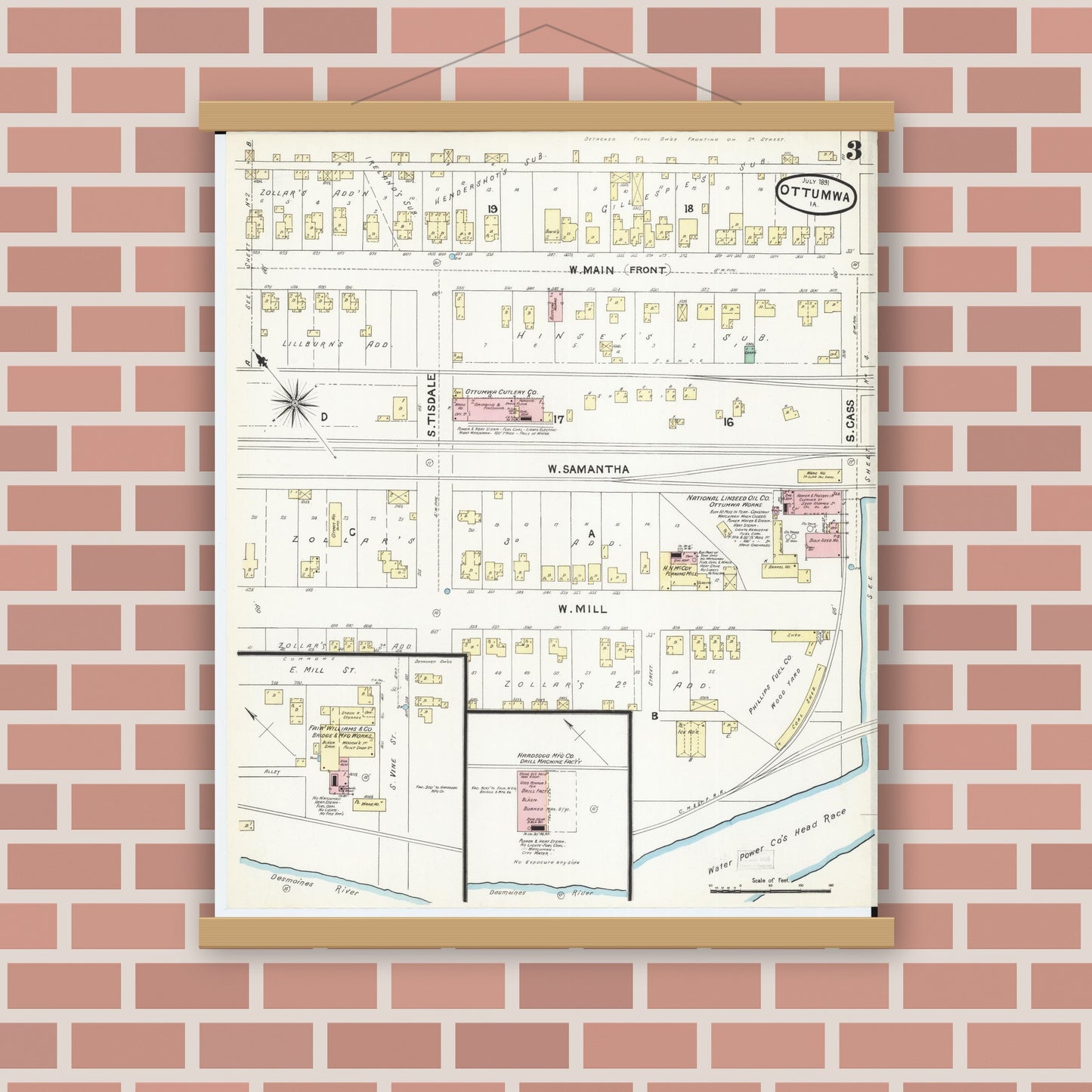 Old map wall art mockup — magnetic wood frame on brick wall — Sanborn Fire Insurance Map from Ottumwa, Wapello County, Iowa (1891), Sheet #0003