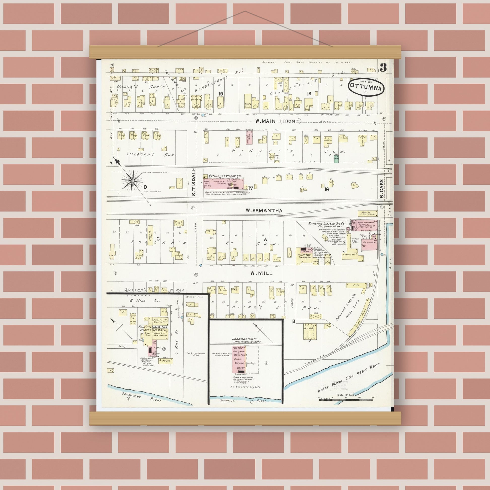 Old map wall art mockup — magnetic wood frame on brick wall — Sanborn Fire Insurance Map from Ottumwa, Wapello County, Iowa (1891), Sheet #0003