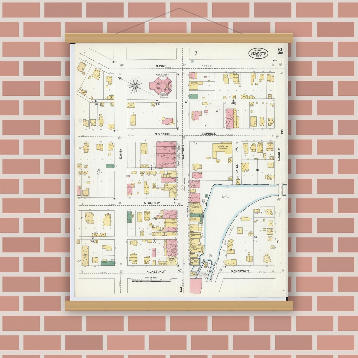 Old map wall art mockup — magnetic wood frame on brick wall — Sanborn Fire Insurance Map from Saint Marys, Auglaize County, Ohio (1901), Sheet #0002