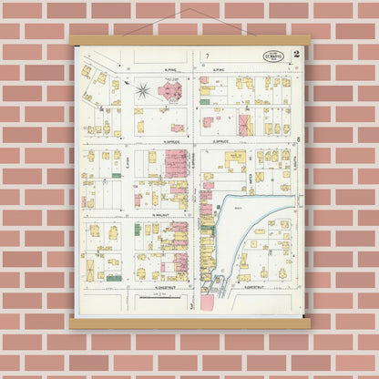 Old map wall art mockup — magnetic wood frame on brick wall — Sanborn Fire Insurance Map from Saint Marys, Auglaize County, Ohio (1901), Sheet #0002
