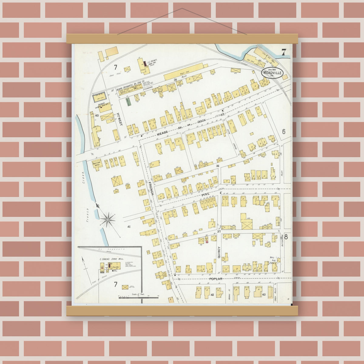 Old map wall art mockup — magnetic wood frame on brick wall — Sanborn Fire Insurance Map from Meadville, Crawford County, Pennsylvania (1901), Sheet #0007
