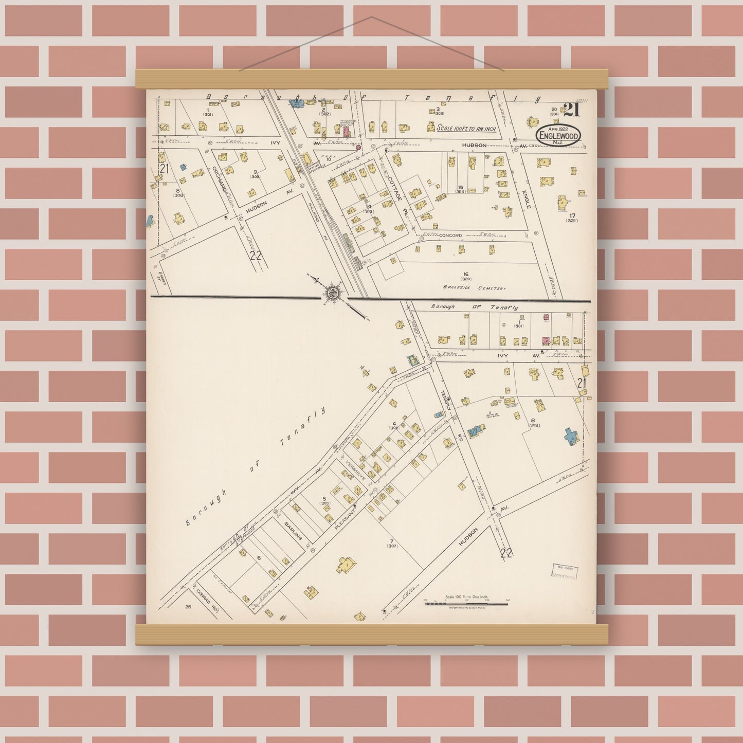 Old map wall art mockup — magnetic wood frame on brick wall — Sanborn Fire Insurance Map from Englewood, Bergen County, New Jersey (1922), Sheet #0021