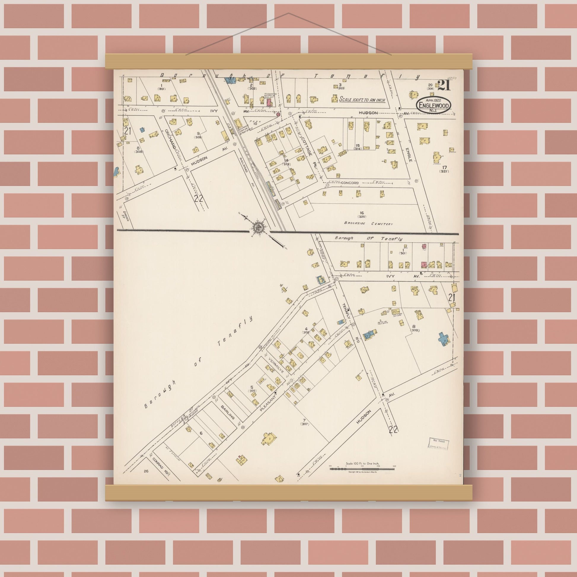 Old map wall art mockup — magnetic wood frame on brick wall — Sanborn Fire Insurance Map from Englewood, Bergen County, New Jersey (1922), Sheet #0021