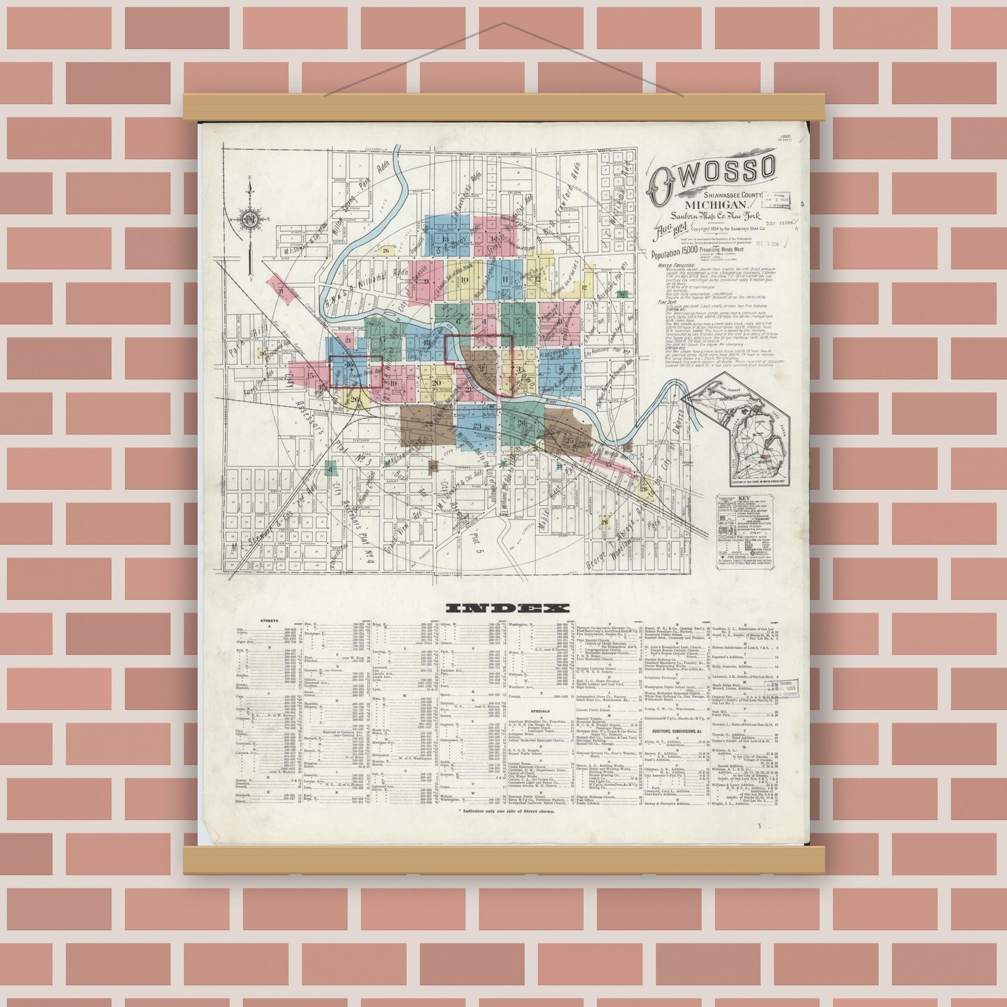 Old map wall art mockup — magnetic wood frame on brick wall — Sanborn Fire Insurance Map from Owosso, Shiawassee County, Michigan (1924) - Complete Map Set