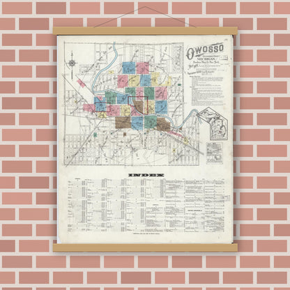 Old map wall art mockup — magnetic wood frame on brick wall — Sanborn Fire Insurance Map from Owosso, Shiawassee County, Michigan (1924) - Complete Map Set