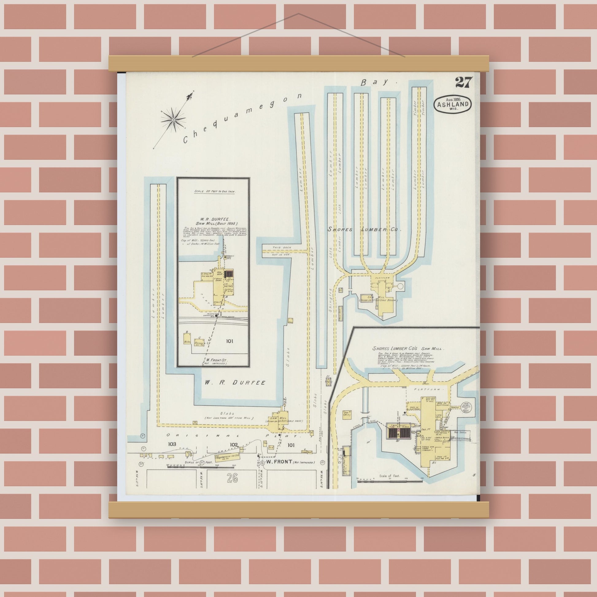 Old map wall art mockup — magnetic wood frame on brick wall — Sanborn Fire Insurance Map from Ashland, Ashland County, Wisconsin (1895), Sheet #0027