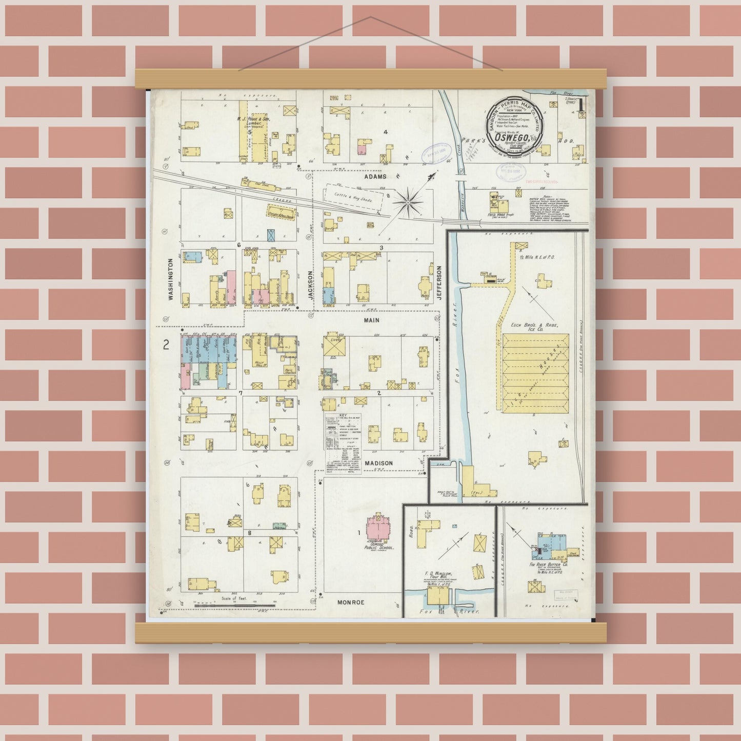 Old map wall art mockup — magnetic wood frame on brick wall — Sanborn Fire Insurance Map from Oswego, Kendall County, Illinois (1898) - Complete Map Set