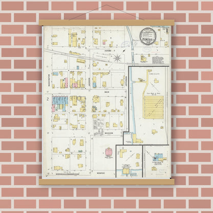Old map wall art mockup — magnetic wood frame on brick wall — Sanborn Fire Insurance Map from Oswego, Kendall County, Illinois (1898) - Complete Map Set