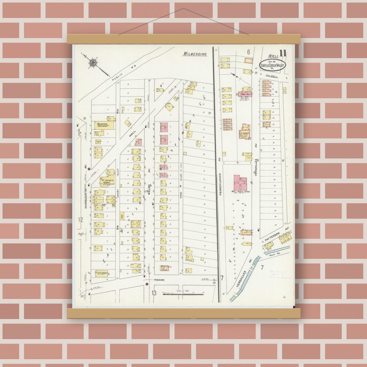 Old map wall art mockup — magnetic wood frame on brick wall — Sanborn Fire Insurance Map from Turtle Creek Valley, Allegheny County, Pennsylvania (1911), Sheet #0011