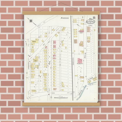 Old map wall art mockup — magnetic wood frame on brick wall — Sanborn Fire Insurance Map from Turtle Creek Valley, Allegheny County, Pennsylvania (1911), Sheet #0011