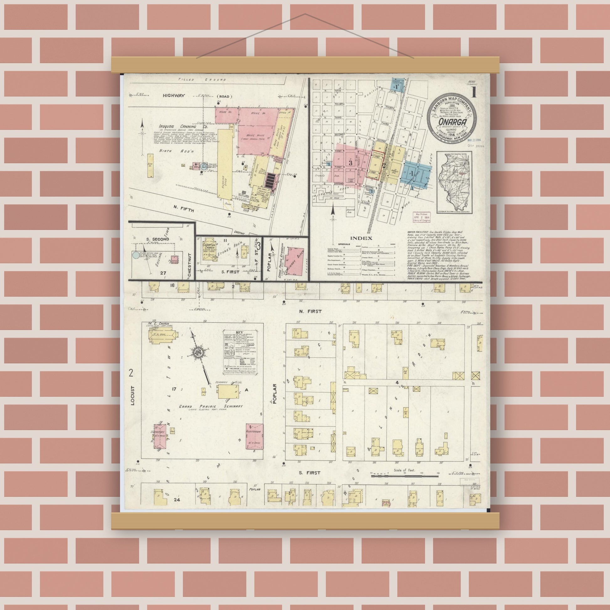 Old map wall art mockup — magnetic wood frame on brick wall — Sanborn Fire Insurance Map from Onarga, Iroquois County, Illinois (1914) - Complete Map Set