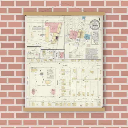 Old map wall art mockup — magnetic wood frame on brick wall — Sanborn Fire Insurance Map from Onarga, Iroquois County, Illinois (1914) - Complete Map Set