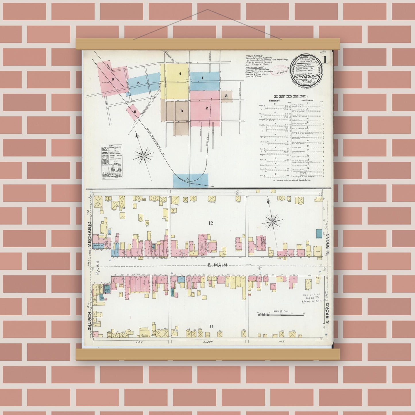 Old map wall art mockup — magnetic wood frame on brick wall — Sanborn Fire Insurance Map from Waynesboro, Franklin County, Pennsylvania (1891), Sheet #0001