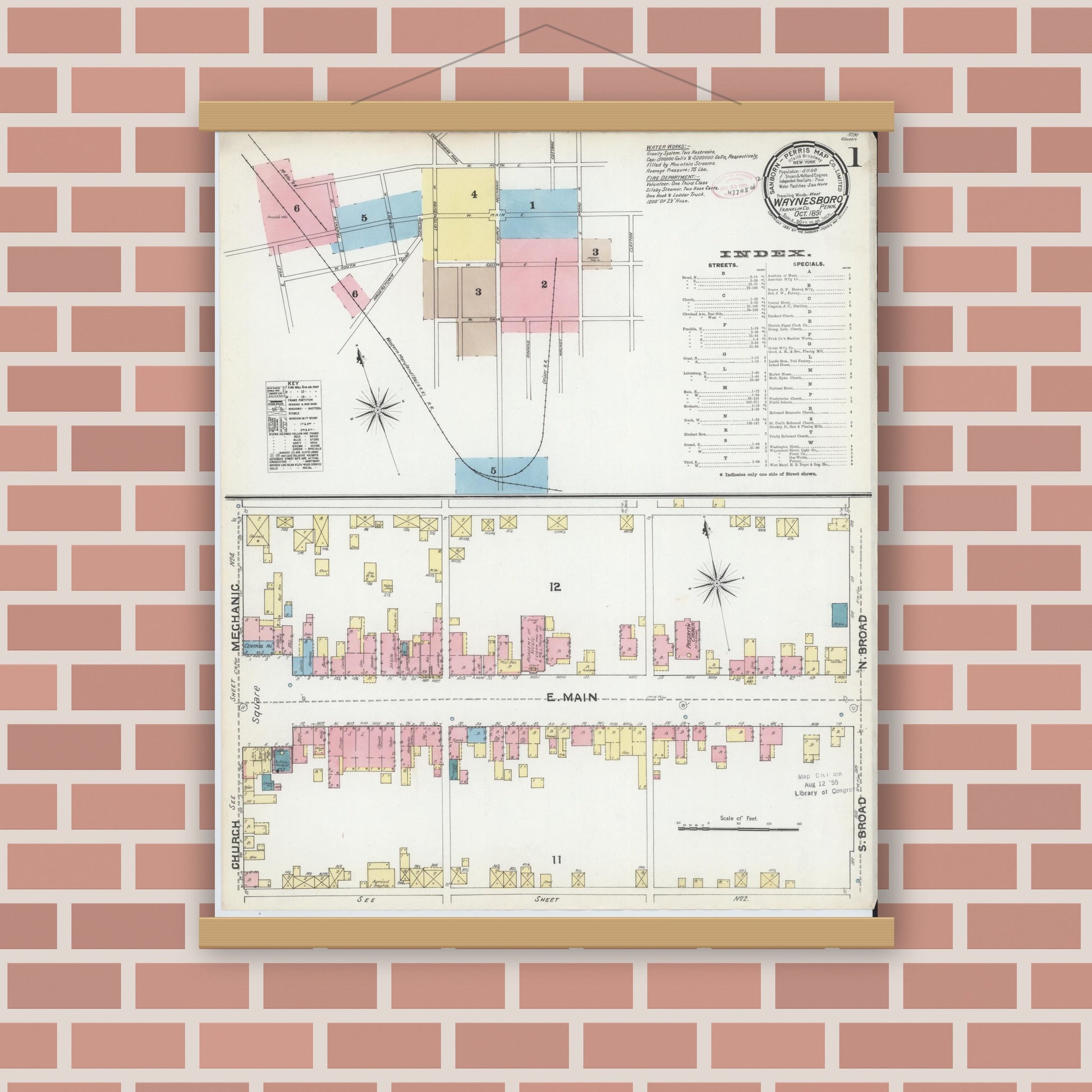Old map wall art mockup — magnetic wood frame on brick wall — Sanborn Fire Insurance Map from Waynesboro, Franklin County, Pennsylvania (1891), Sheet #0001
