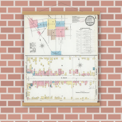 Old map wall art mockup — magnetic wood frame on brick wall — Sanborn Fire Insurance Map from Waynesboro, Franklin County, Pennsylvania (1891), Sheet #0001