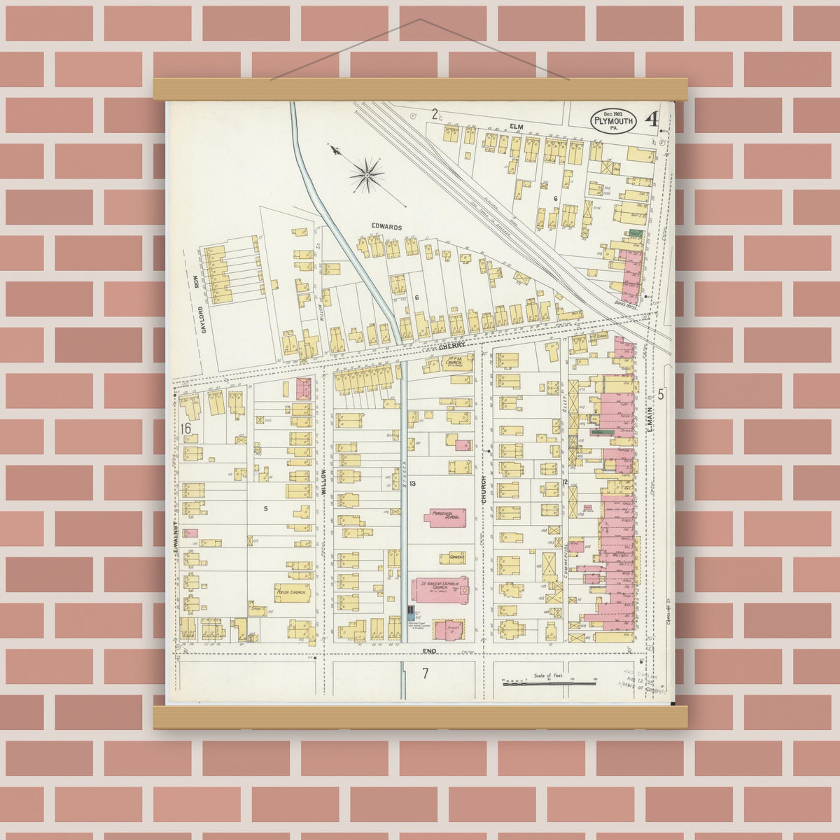 Old map wall art mockup — magnetic wood frame on brick wall — Sanborn Fire Insurance Map from Plymouth, Luzerne County, Pennsylvania (1902), Sheet #0004