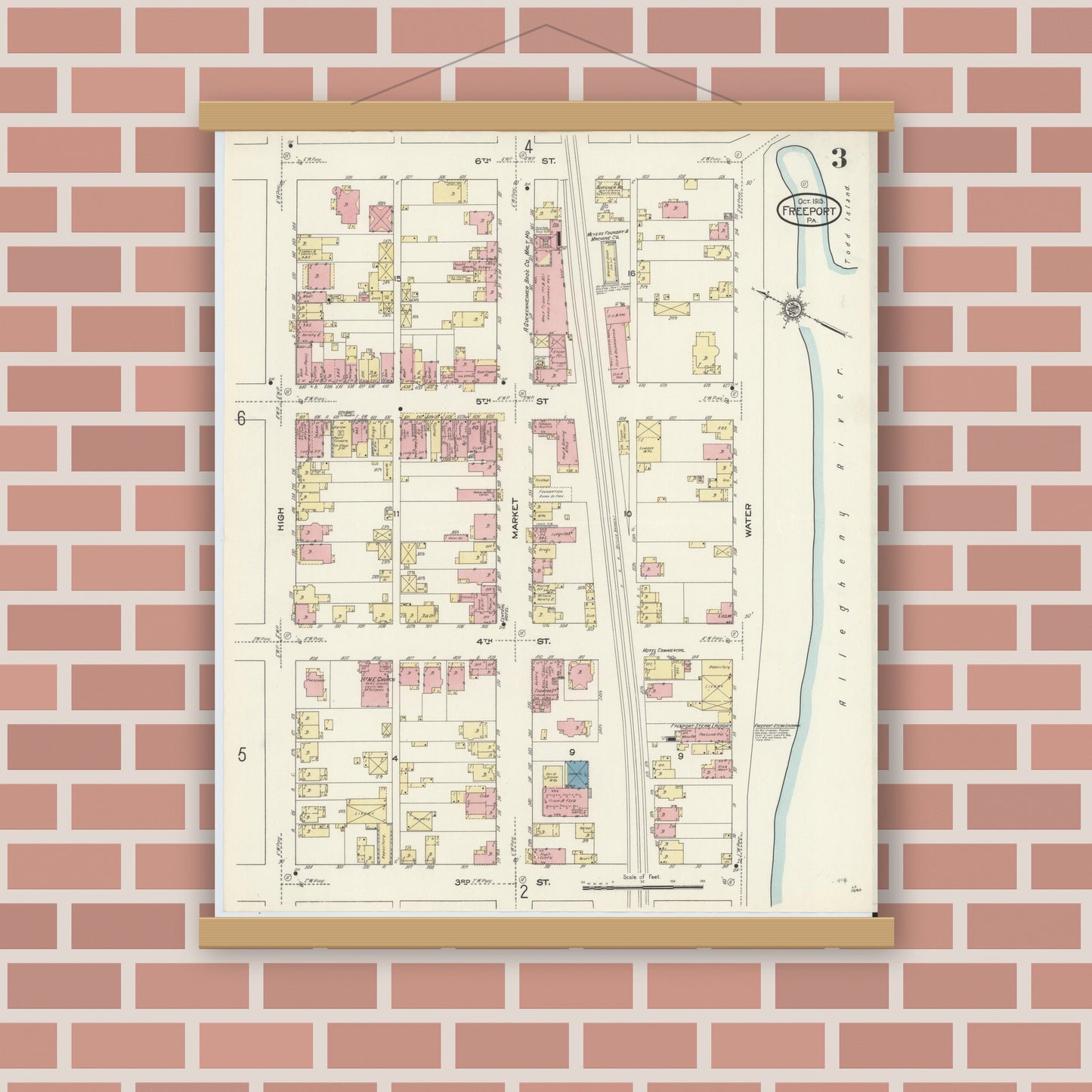 Old map wall art mockup — magnetic wood frame on brick wall — Sanborn Fire Insurance Map from Freeport, Armstrong County, Pennsylvania (1913), Sheet #0003