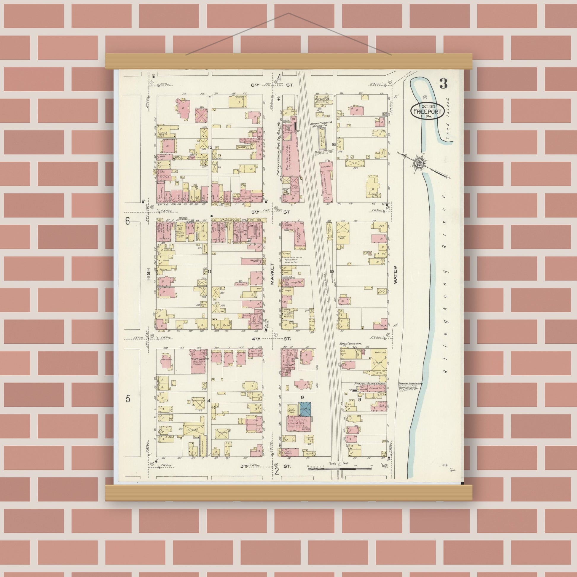 Old map wall art mockup — magnetic wood frame on brick wall — Sanborn Fire Insurance Map from Freeport, Armstrong County, Pennsylvania (1913), Sheet #0003