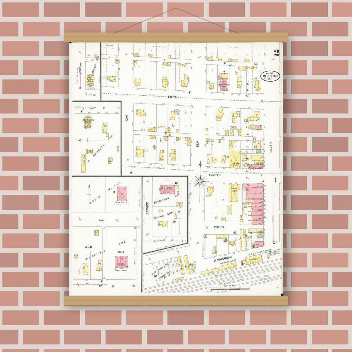 Old map wall art mockup — magnetic wood frame on brick wall — Sanborn Fire Insurance Map from Wilton Junction, Muscatine County, Iowa (1901), Sheet #0002