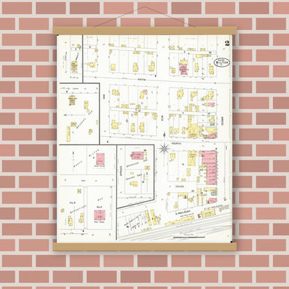 Old map wall art mockup — magnetic wood frame on brick wall — Sanborn Fire Insurance Map from Wilton Junction, Muscatine County, Iowa (1901), Sheet #0002