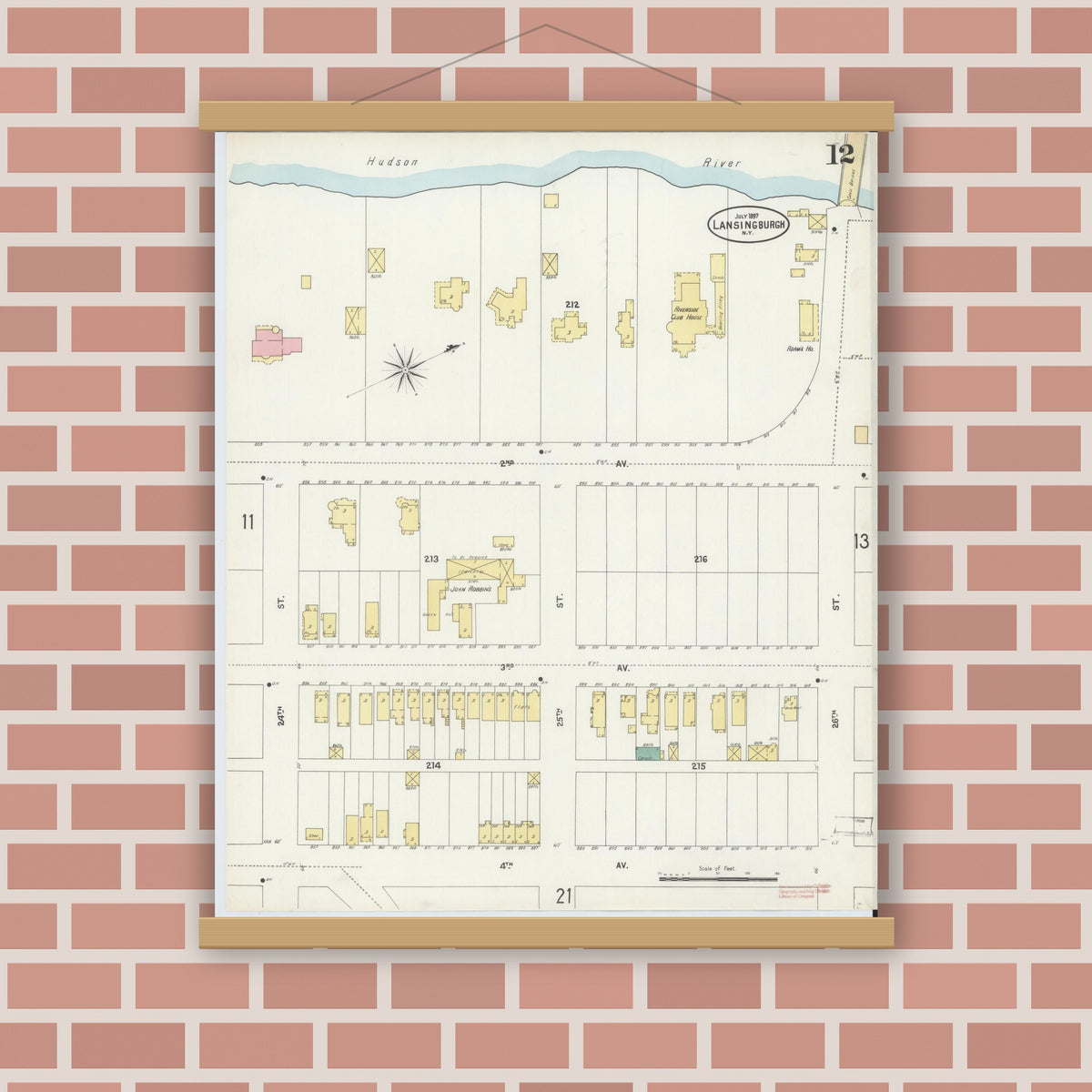 Old map wall art mockup — magnetic wood frame on brick wall — Sanborn Fire Insurance Map from Lansingburg, Rensselaer County, New York (1897), Sheet #0012