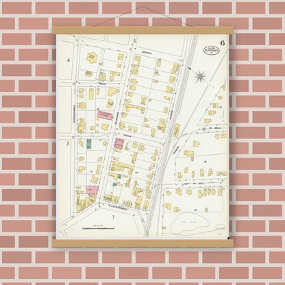 Old map wall art mockup — magnetic wood frame on brick wall — Sanborn Fire Insurance Map from Olyphant, Lackawanna County, Pennsylvania (1903), Sheet #0006