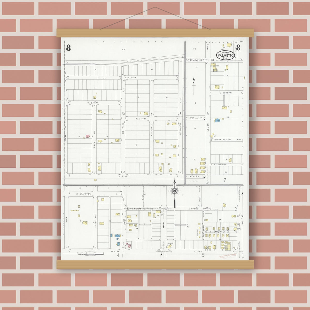 Old map wall art mockup — magnetic wood frame on brick wall — Sanborn Fire Insurance Map from Palmetto, Manatee County, Florida (1930), Sheet #0008
