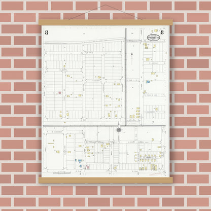 Old map wall art mockup — magnetic wood frame on brick wall — Sanborn Fire Insurance Map from Palmetto, Manatee County, Florida (1930), Sheet #0008