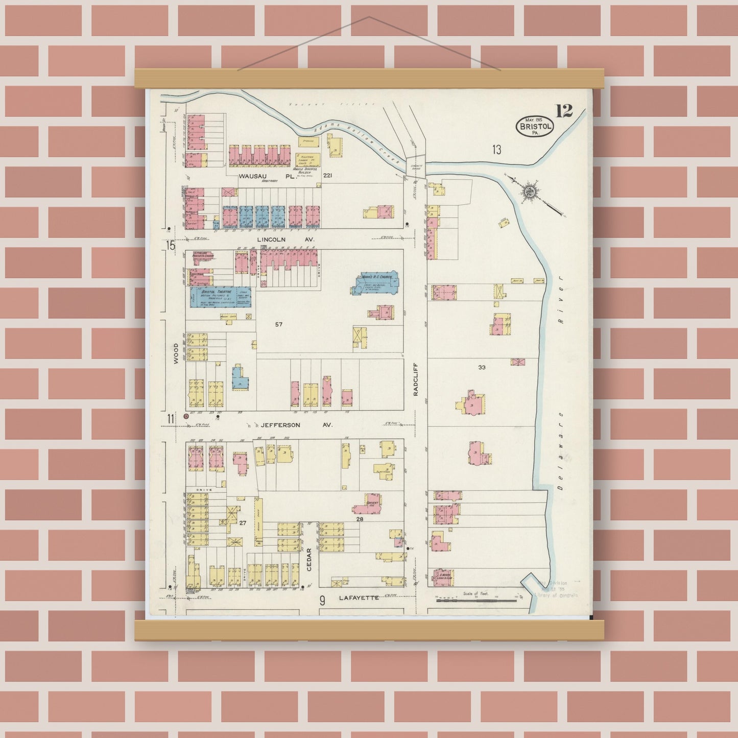 Old map wall art mockup — magnetic wood frame on brick wall — Sanborn Fire Insurance Map from Bristol, Bucks County, Pennsylvania (1915), Sheet #0012